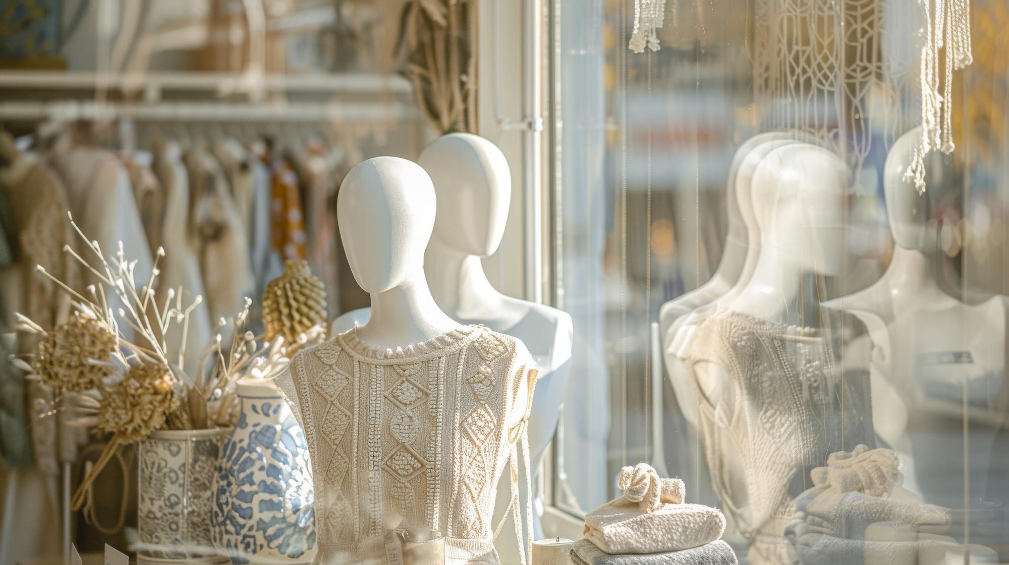Vetrina dell'atelier con tessuti e telai